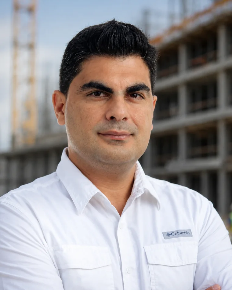 Javier Balza, founder of Precon America, on a construction site